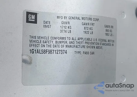 2008 Chevrolet Cobalt Lt from USA, damaged, VIN 1G1AL58F987127374